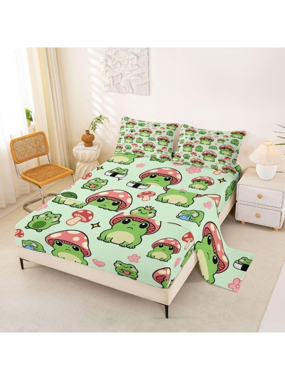 Cute Fairy Mushroom Bedding Set - Full Size 4pcs Kids Room Decor, Deep Pocket
